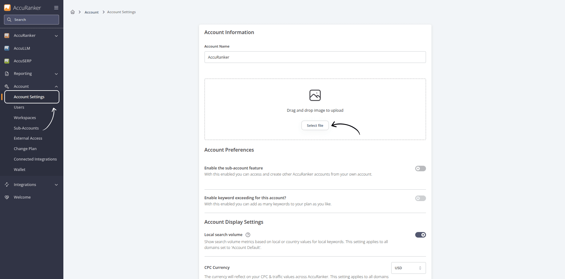 Screenshot of AccuRanker App showing where to add a company logo