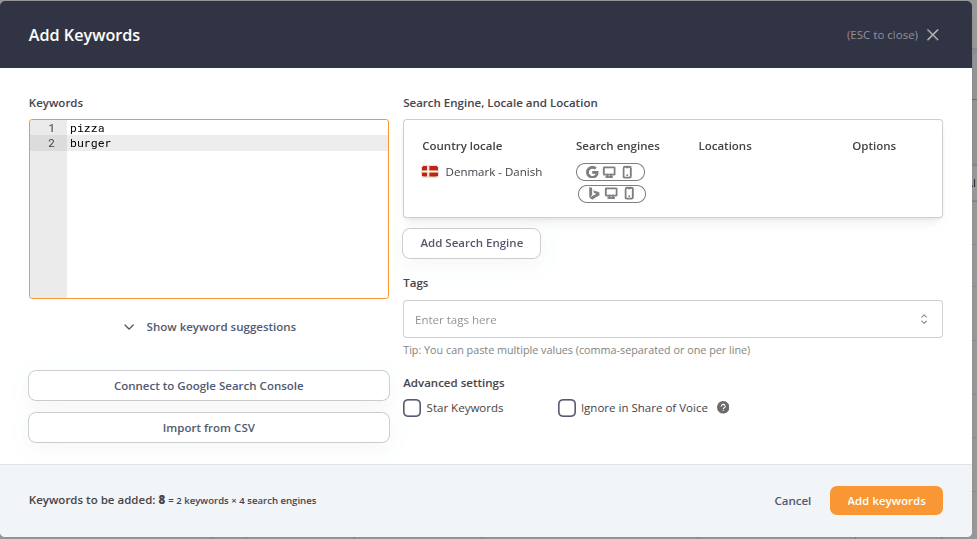 Screenshot from AccuRanker App showing the add keywords popup and the number of keyrods added