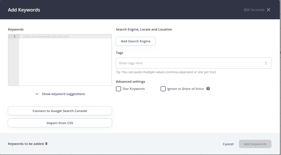 Screenshot from AccuRanker App showing the Add Keywords Popup