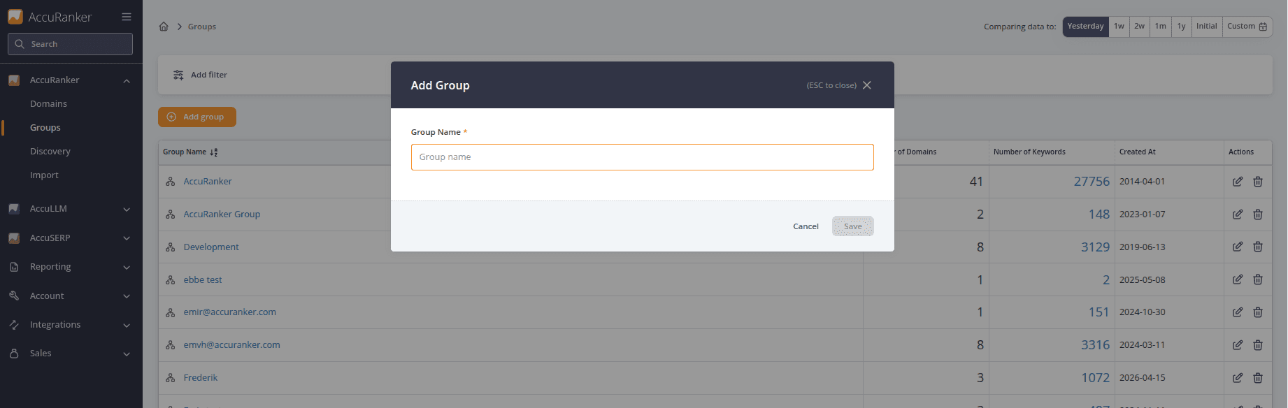 Screenshot from AccuRanker App showing how to add a group name