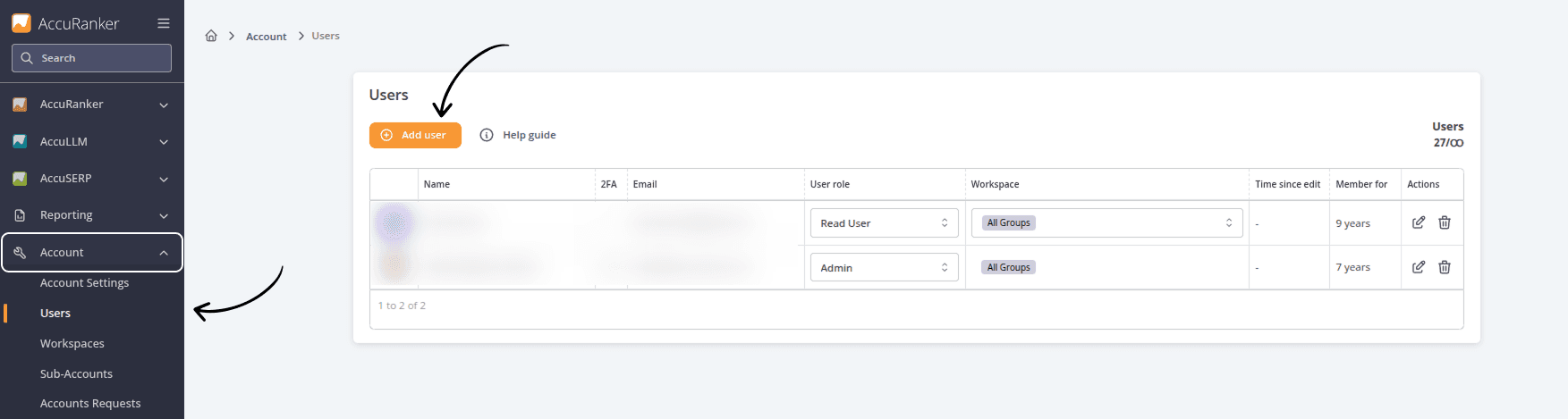AccuRanker user management page with Add User button for inviting new users and assigning account access roles and workspaces.