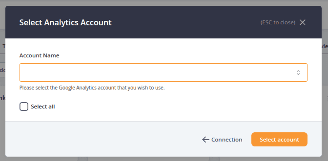 AccuRanker Google Analytics integration screen prompting users to select a Google Analytics account, with options to choose individual accounts or select all available accounts before connecting data.