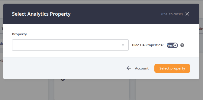 AccuRanker Google Analytics integration screen for selecting a property, allowing users to choose a Google Analytics property and manage Universal Analytics visibility before completing the connection setup.