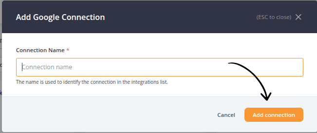 AccuRanker Google Analytics connection setup screen prompting users to enter a connection name before linking a Google Analytics account and enabling data integration.