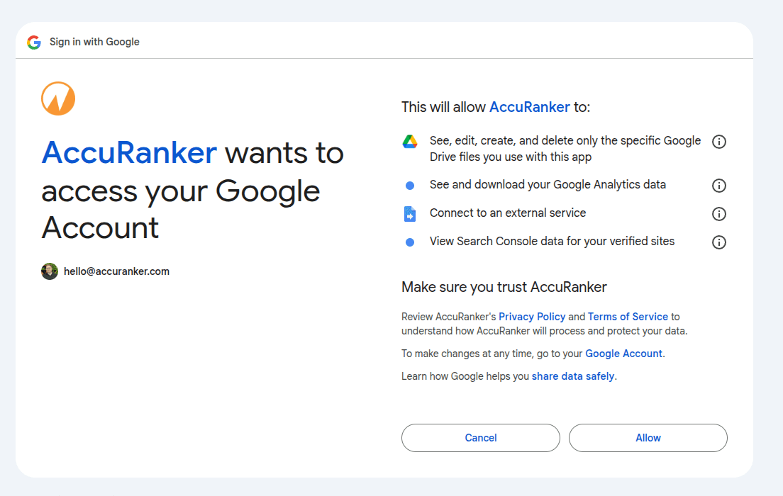 Google account permission screen requesting authorization for AccuRanker to access Google Analytics, Search Console, Google Drive files, and related data integrations during account connection setup.