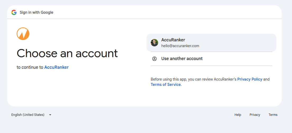 Google sign-in screen prompting users to choose a Google account to connect with AccuRanker, enabling access to Google Analytics, Search Console, and other integrated Google services.