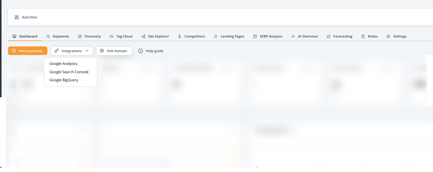 AccuRanker dashboard showing the Integrations menu with options to connect Google Analytics, Google Search Console, and Google BigQuery, allowing users to enrich SEO reporting with external data sources.