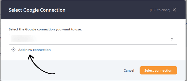 AccuRanker Google Search Console integration screen allowing users to select an existing Google connection or create a new connection before linking Search Console data to a domain.