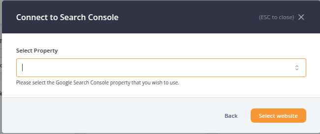 AccuRanker Google Search Console connection screen prompting users to select a verified Search Console property before linking website performance and search data to a domain.