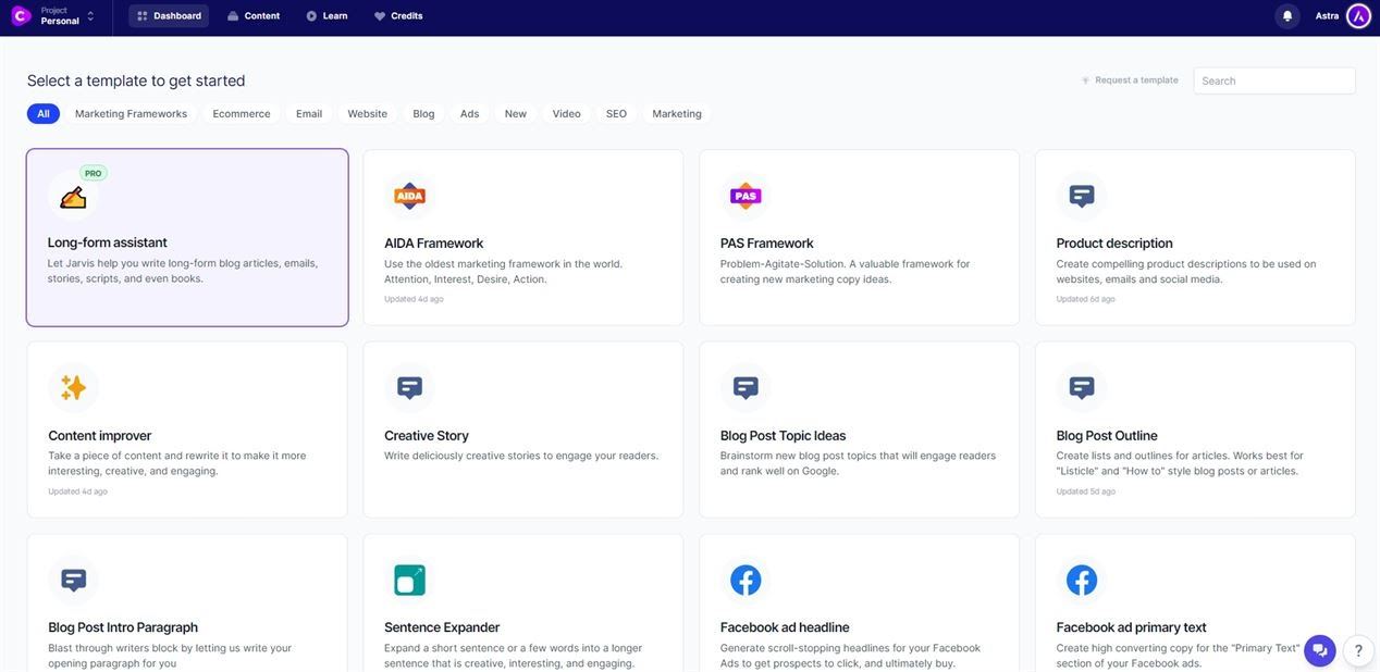 Conversion AI now Jasper.ai - variety of templates for generating new content