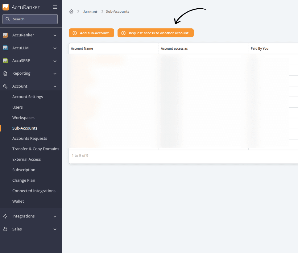 AccuRanker Sub-Accounts page showing the option to request access to another account, allowing users to connect existing AccuRanker accounts and manage multiple accounts from a single login.