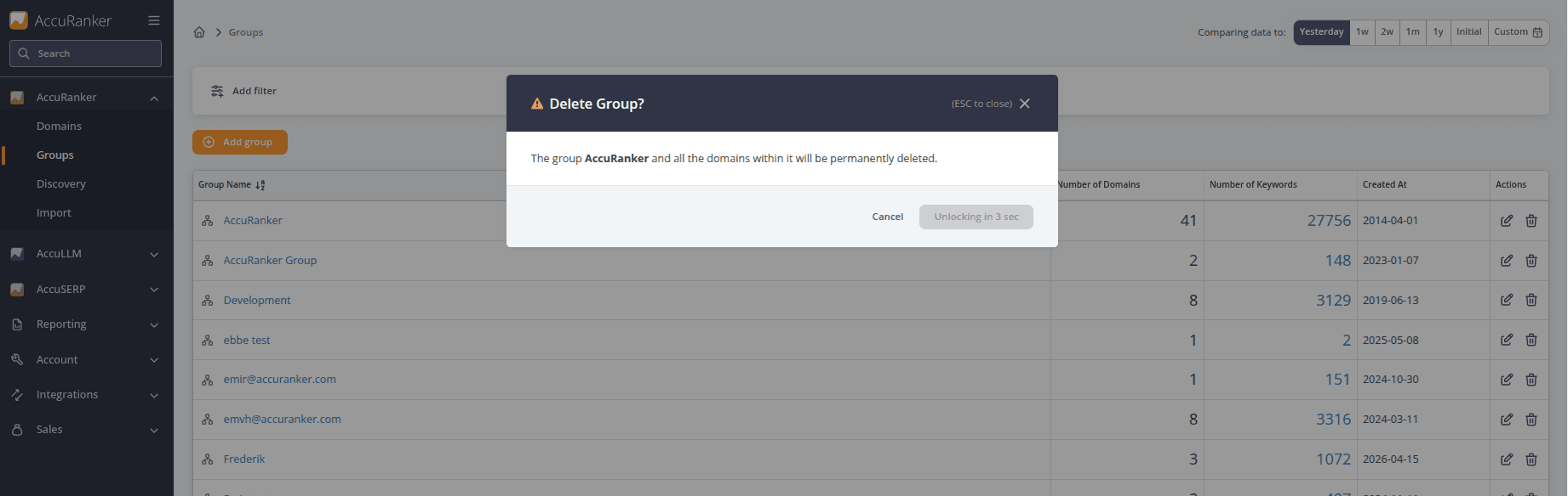 Screenshot from AccuRanker App showing how to confirm deleting a group