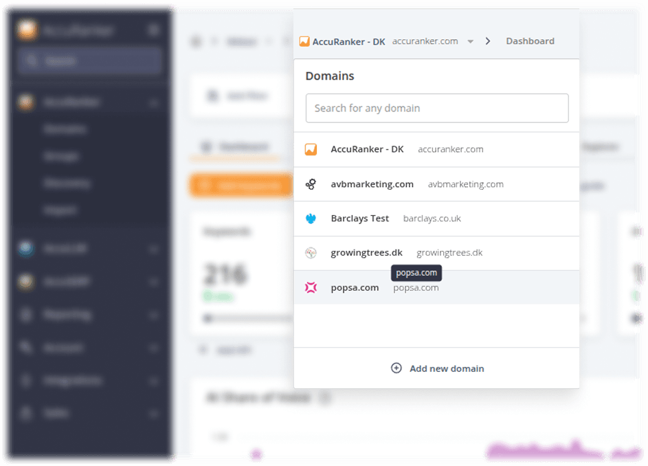 Screenshot from AccuRanker App showing the domain dropdown