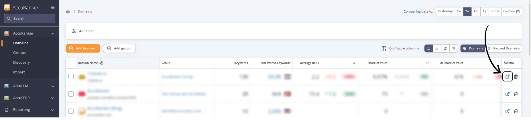 Screenshot from AccuRanker App showing where to edit a domain