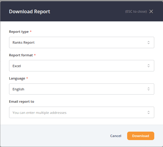 Download Report dialog with options to select the report type, file format, language, and email recipients before downloading the report.