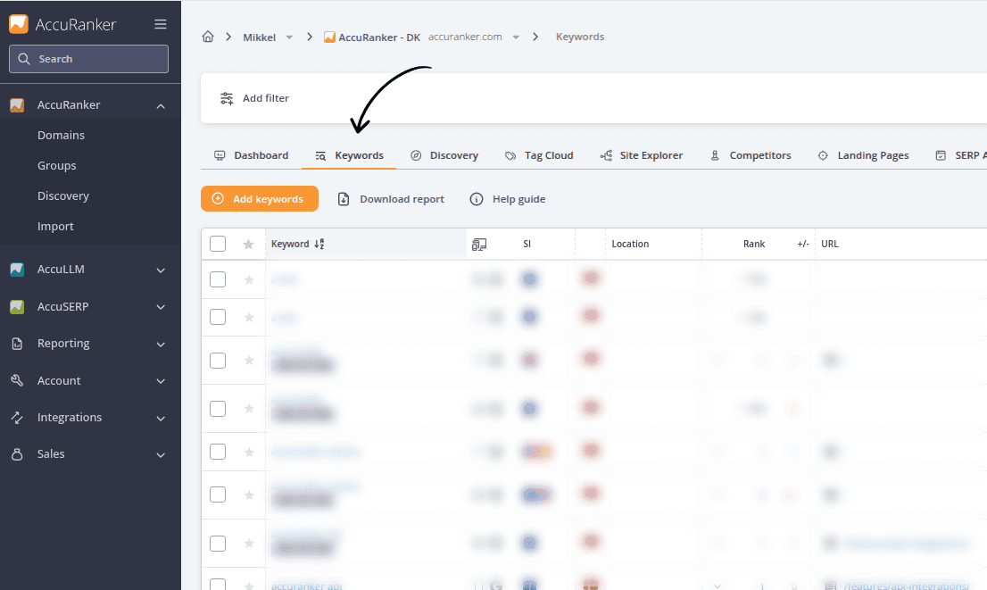 AccuRanker Keywords page with an arrow highlighting the Keywords tab in the navigation menu.