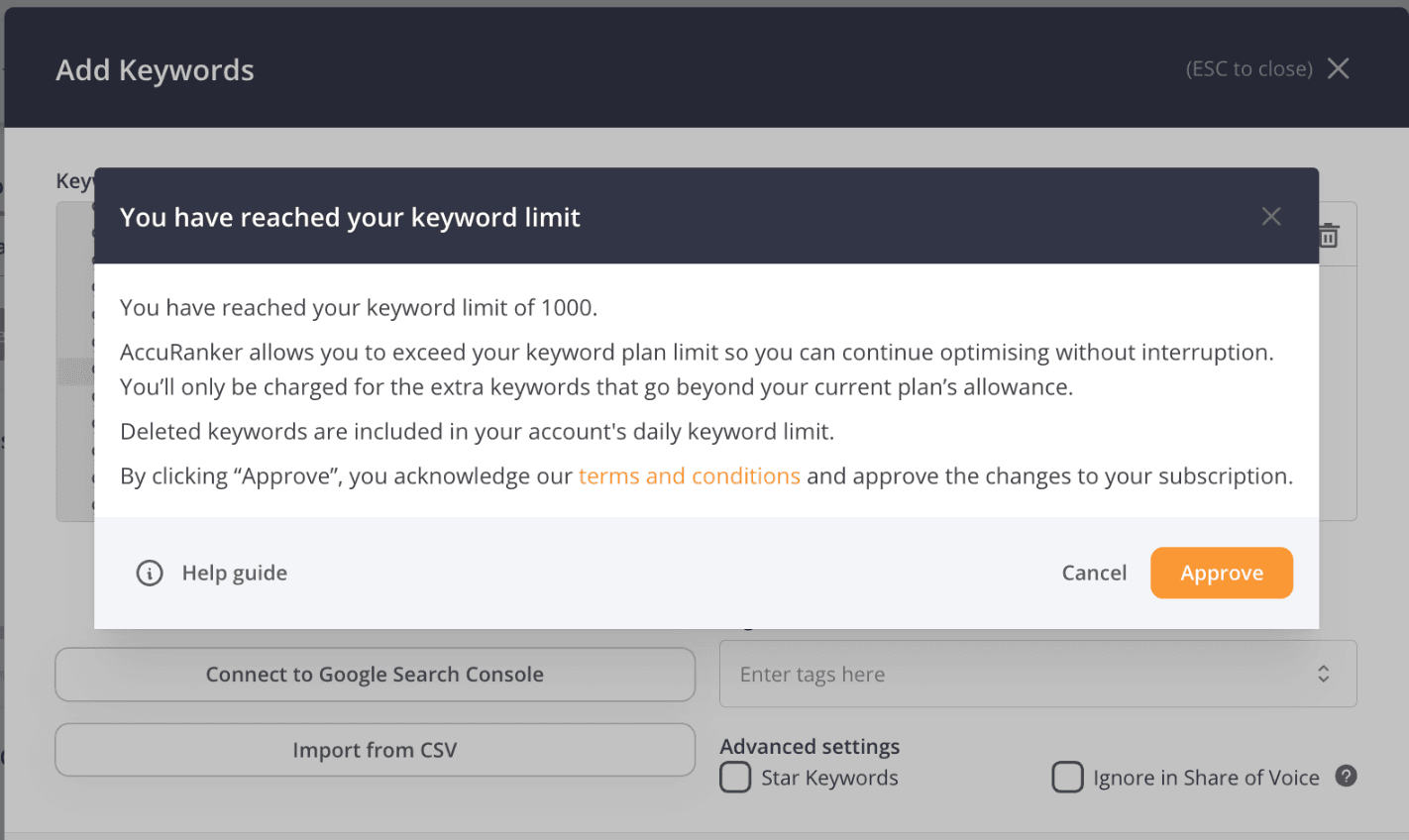 AccuRanker keyword limit notification informing users that they have reached their plan’s keyword allowance, with options to approve additional keyword tracking and continue monitoring beyond the current subscription limit.