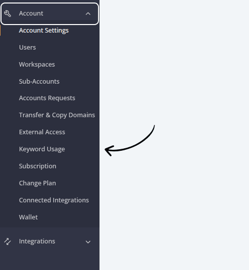 AccuRanker Account menu highlighting the Keyword Usage section, where users can monitor keyword consumption, track plan limits, and review usage across their account.