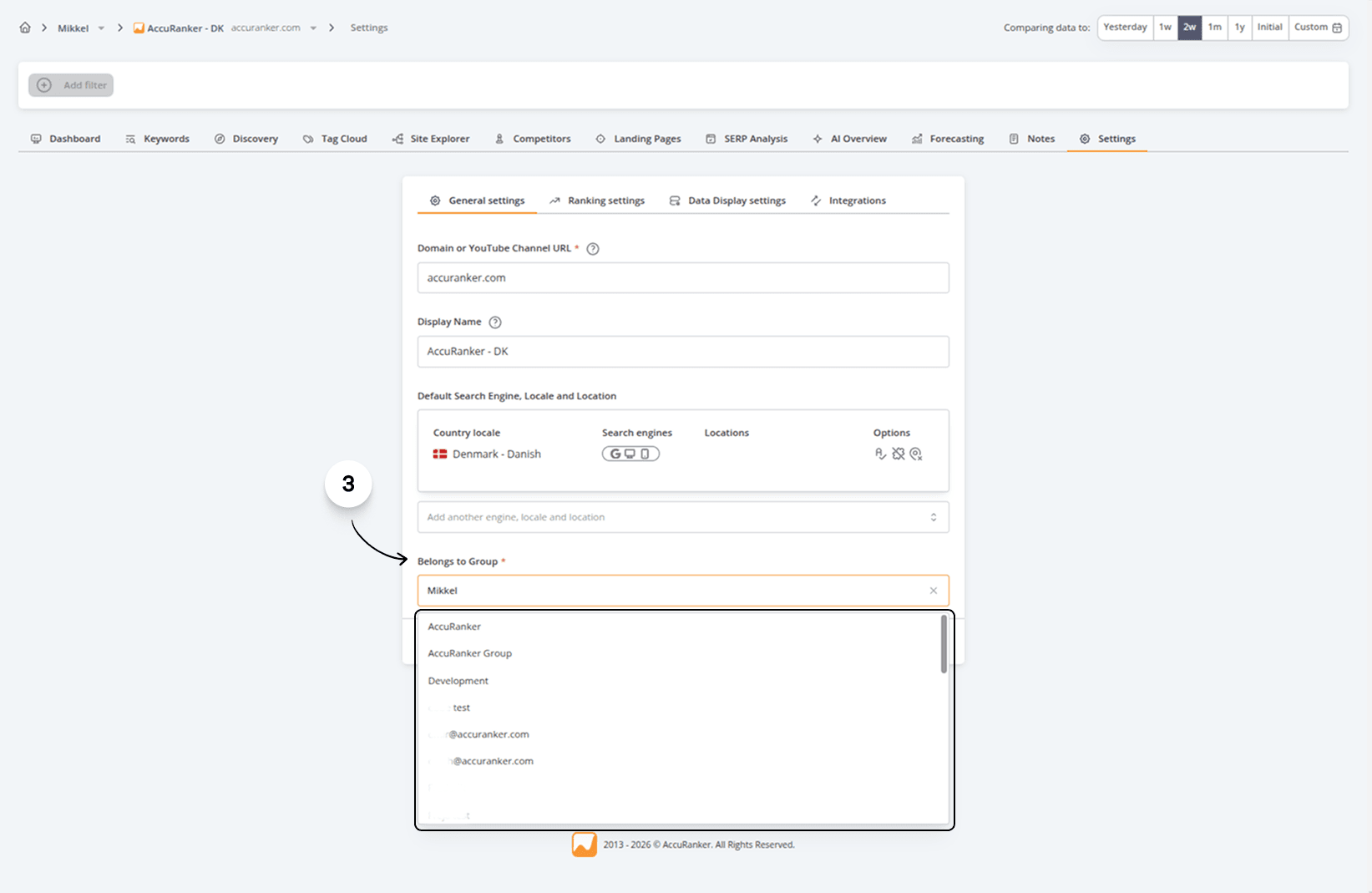 Screenshot from AccuRanker Showing where to change the group