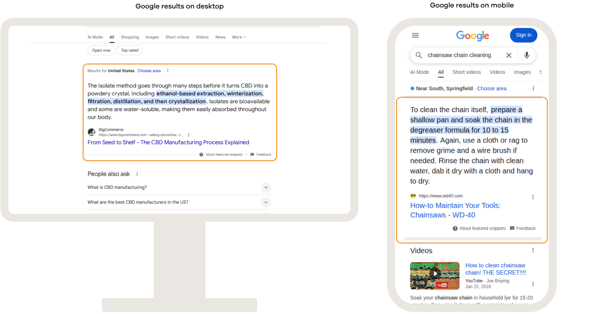 Google search results on desktop and mobile showing a featured snippet, with a highlighted excerpt from a webpage displayed prominently at the top of the results to directly answer the user’s query.
