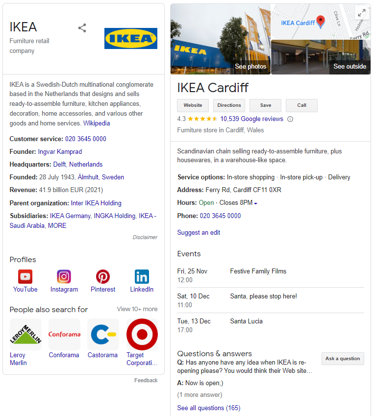 IKEA’s knowledge panel and business profile