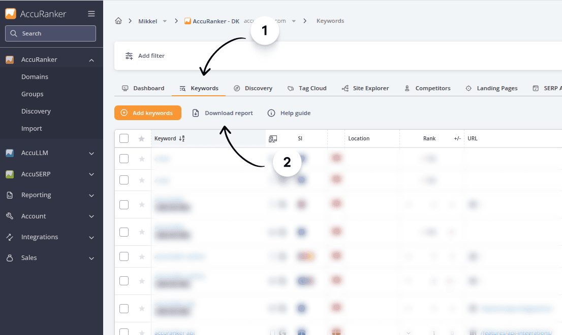 AccuRanker Keywords Tab showing step 1: select the Keywords tab; step 2: click Download report to open the report export options.