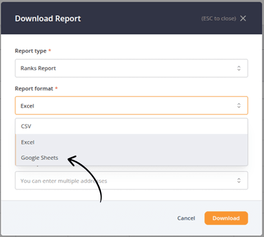 Download Report dialog with the Report format dropdown expanded, highlighting the Google Sheets export option.
