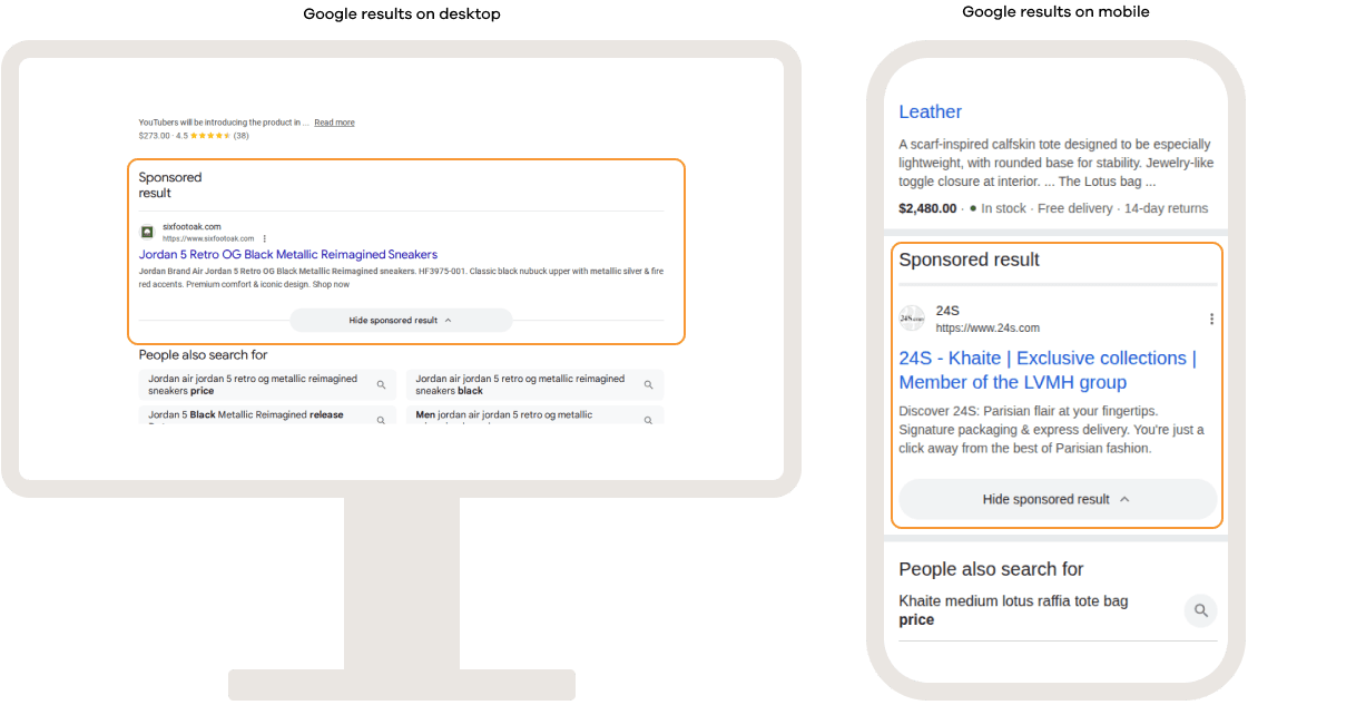 Google search results on desktop and mobile showing sponsored ads displayed below organic results, labeled as sponsored content and highlighted separately from standard search listings.