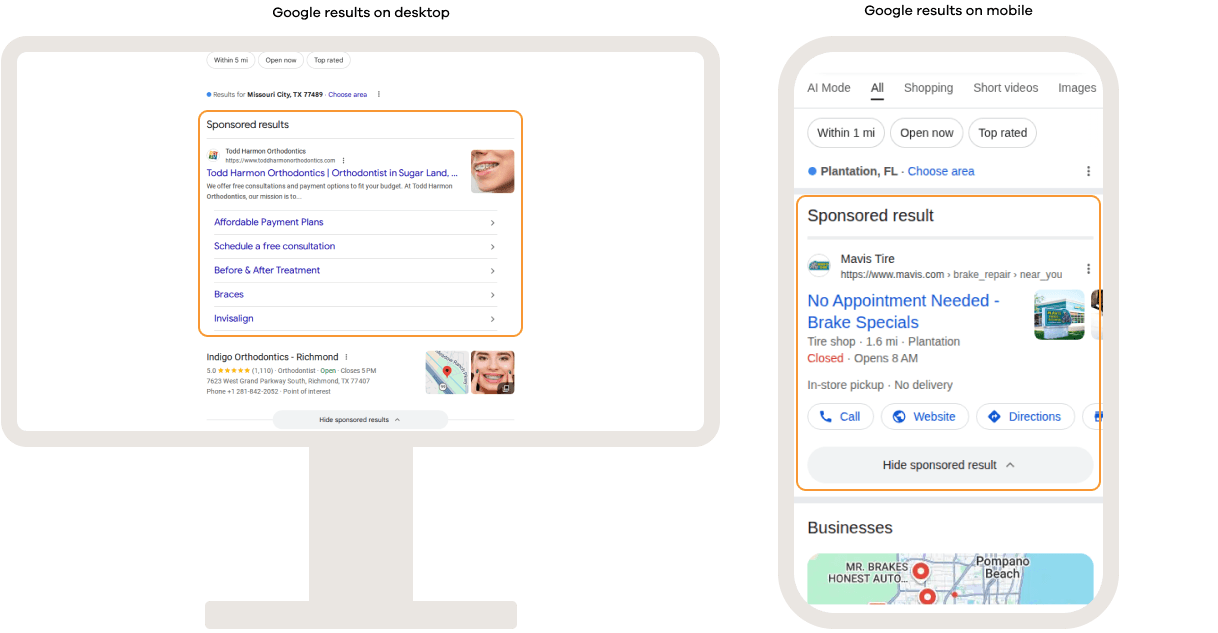 Google search results on desktop and mobile showing sponsored ads displayed at the top of the results page, featuring promoted business listings with additional links, contact options, and call-to-action buttons.