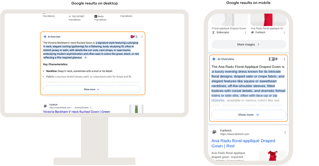 Google search results on desktop and mobile showing an AI Overview, with an AI-generated summary displayed at the top of the results page above traditional organic listings.