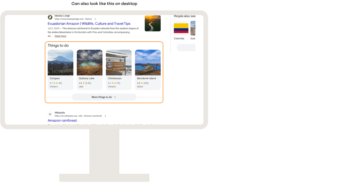 Google search results showing a carousel of recommended attractions, with image cards, ratings, and descriptions that users can browse horizontally within the results page.