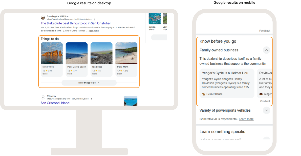 Google search results on desktop and mobile showing carousel-style SERP features, with horizontally scrollable cards displaying related places, attractions, businesses, or informational content directly within the search results.