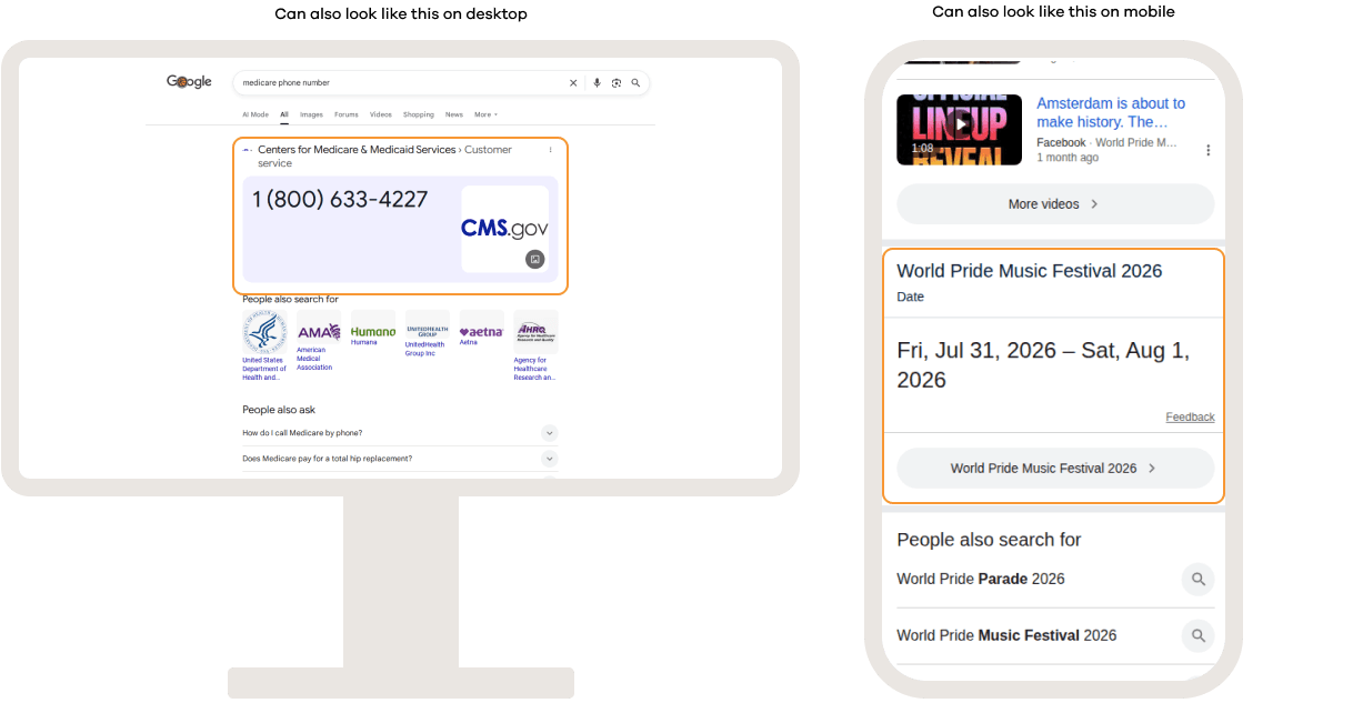 Google search results on desktop and mobile showing direct answer cards that provide immediate answers to user queries, such as phone numbers, dates, or key facts, directly within the search results.
