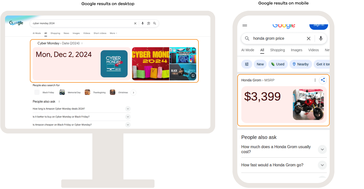Google search results on desktop and mobile showing direct answer cards that display key information such as dates, prices, or facts directly in the search results without requiring users to visit a website.