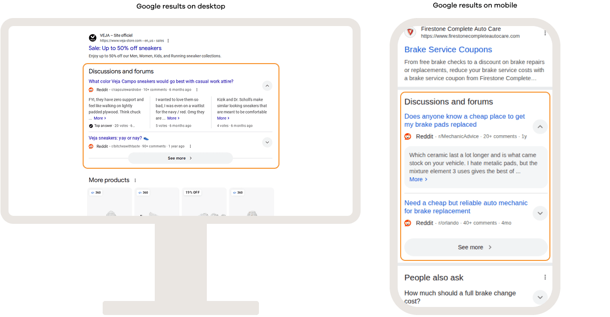 Google search results on desktop and mobile showing a Discussions and forums SERP feature, highlighting relevant forum and community discussions from sources such as Reddit directly within the search results.