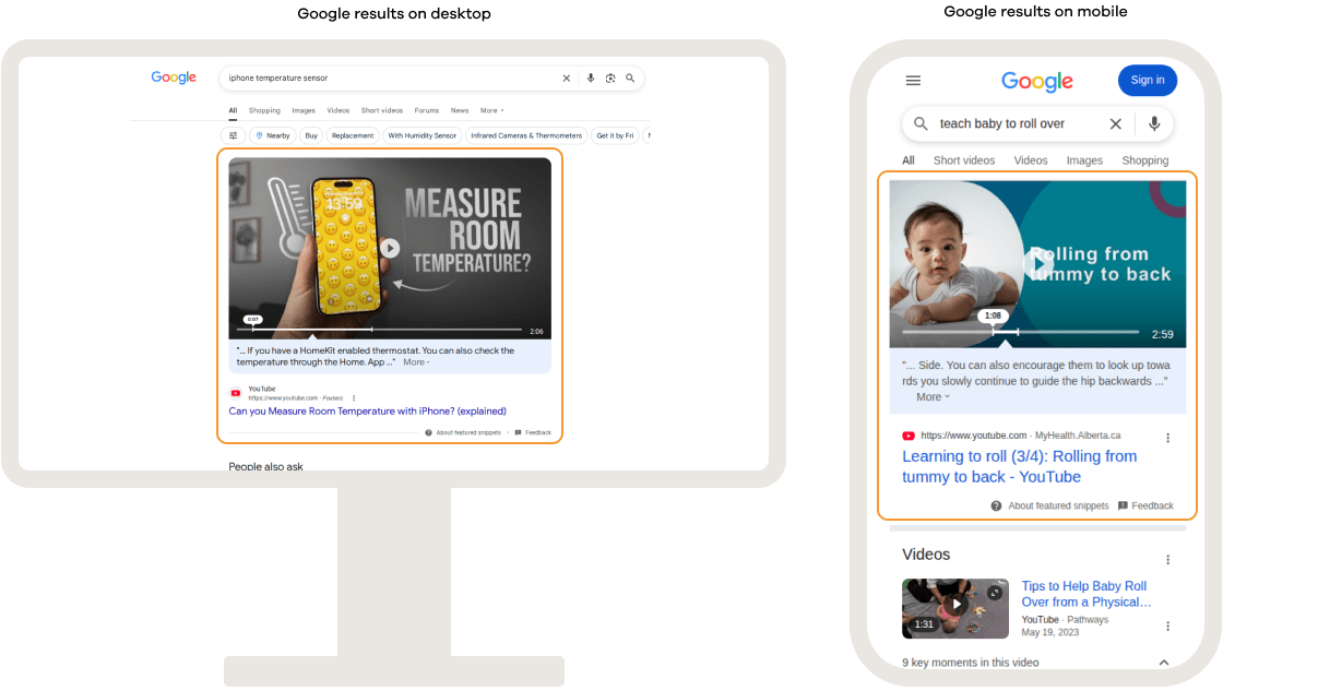Google search results on desktop and mobile showing a featured video result, with a video preview, thumbnail, and highlighted excerpt displayed prominently to answer the user’s query directly from video content.