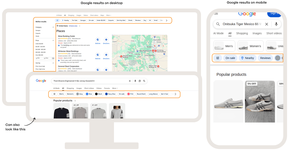 Google search results on desktop and mobile showing filter chips that allow users to refine results by attributes such as category, location, color, price, reviews, availability, and other search-specific criteria.