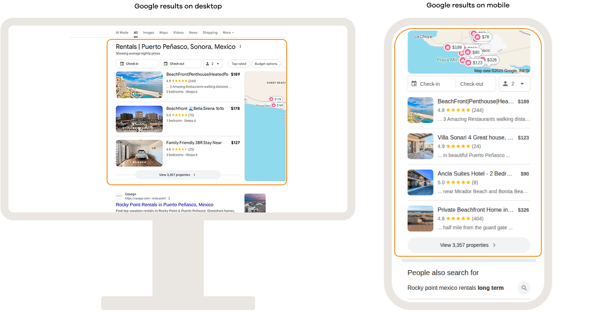 Google search results on desktop and mobile showing a hotel pack, featuring accommodation listings with prices, ratings, availability, filters, and a map of nearby properties directly within the search results.