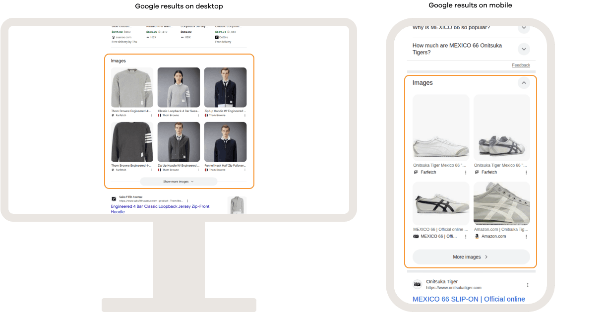 Google search results on desktop and mobile showing an image pack, featuring a grid of relevant images that users can browse directly from the search results page.