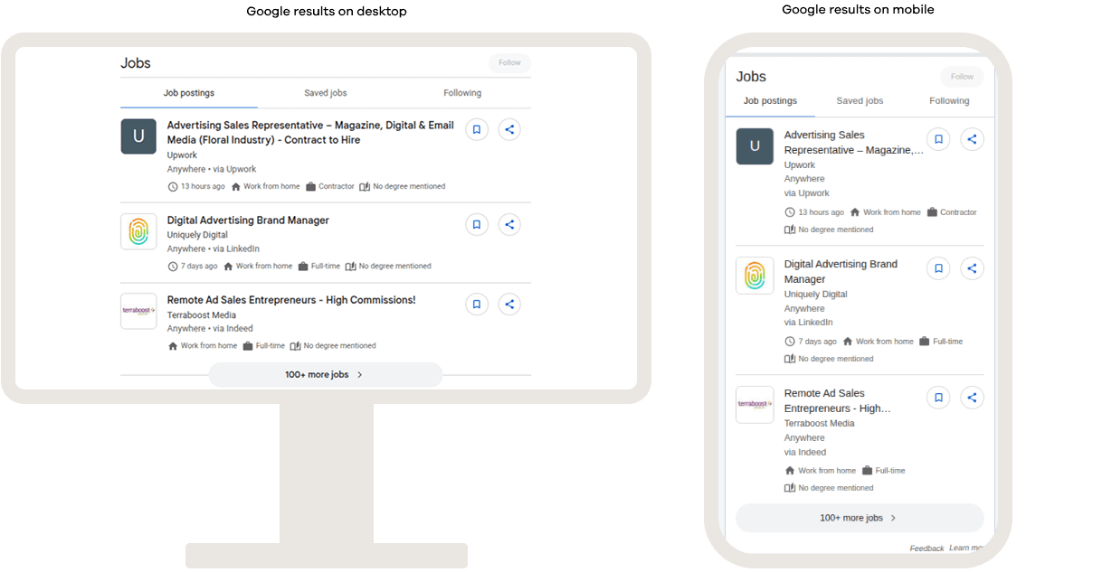 Google search results on desktop and mobile showing a Jobs SERP feature, displaying job postings with titles, employers, locations, employment details, and links to apply directly from the search results.