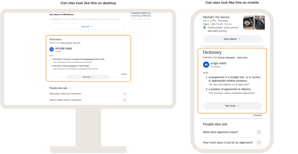 Google search results on desktop and mobile showing a dictionary knowledge card, providing a word’s definition, pronunciation, grammatical classification, and usage examples directly within the search results.