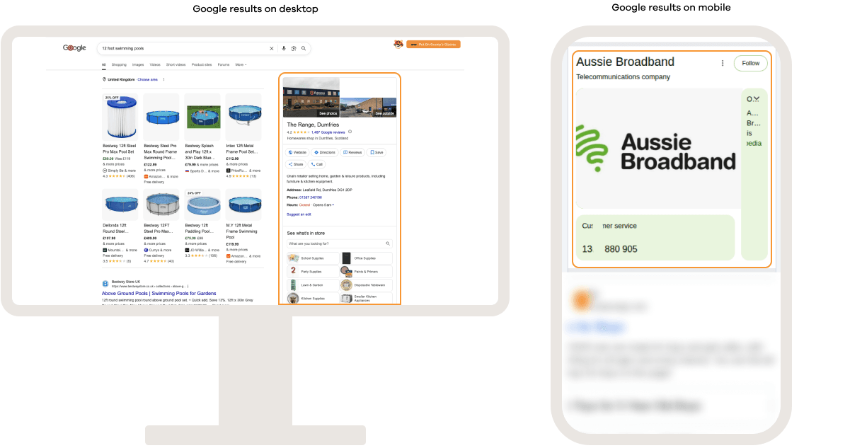 Google search results on desktop and mobile showing a knowledge panel, displaying key information about a business or entity, including branding, contact details, business information, images, and related actions directly within the search results.