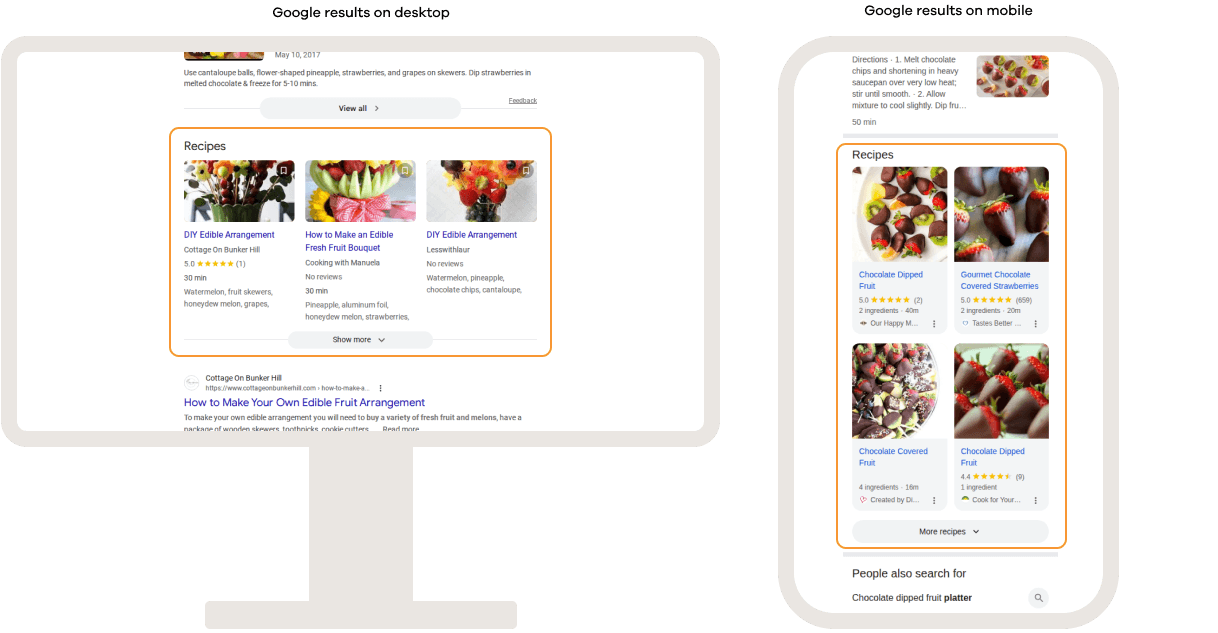 Google search recipe carousel on desktop and mobile displaying recipe-rich results with images, ratings, preparation times, and ingredient details.