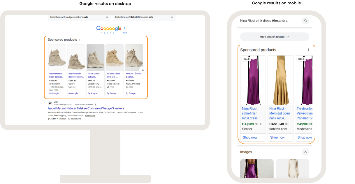 Google search results showing sponsored product listings on desktop and mobile, featuring product images, prices, retailers, and shopping links at the top of search results.