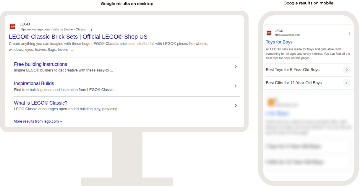 Google search results on desktop and mobile showing sitelinks, with additional internal links displayed beneath the main search result to help users navigate directly to specific pages on the website.