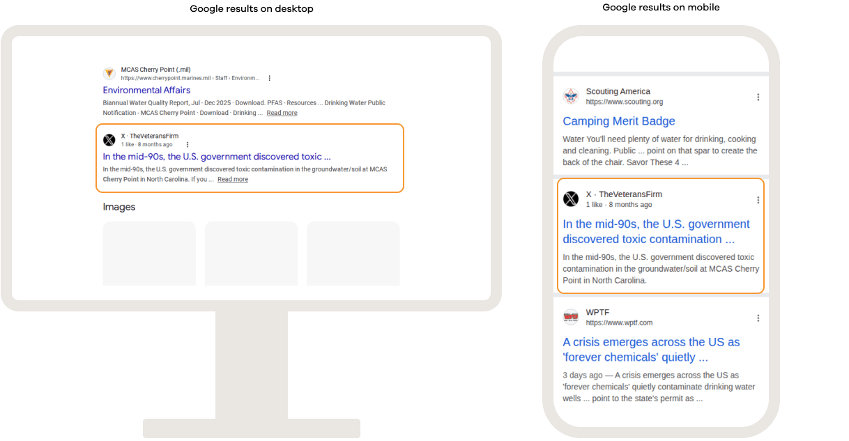 Google search results displaying embedded social media posts from X (formerly Twitter) on desktop and mobile, featuring recent posts related to the search query directly within organic results.