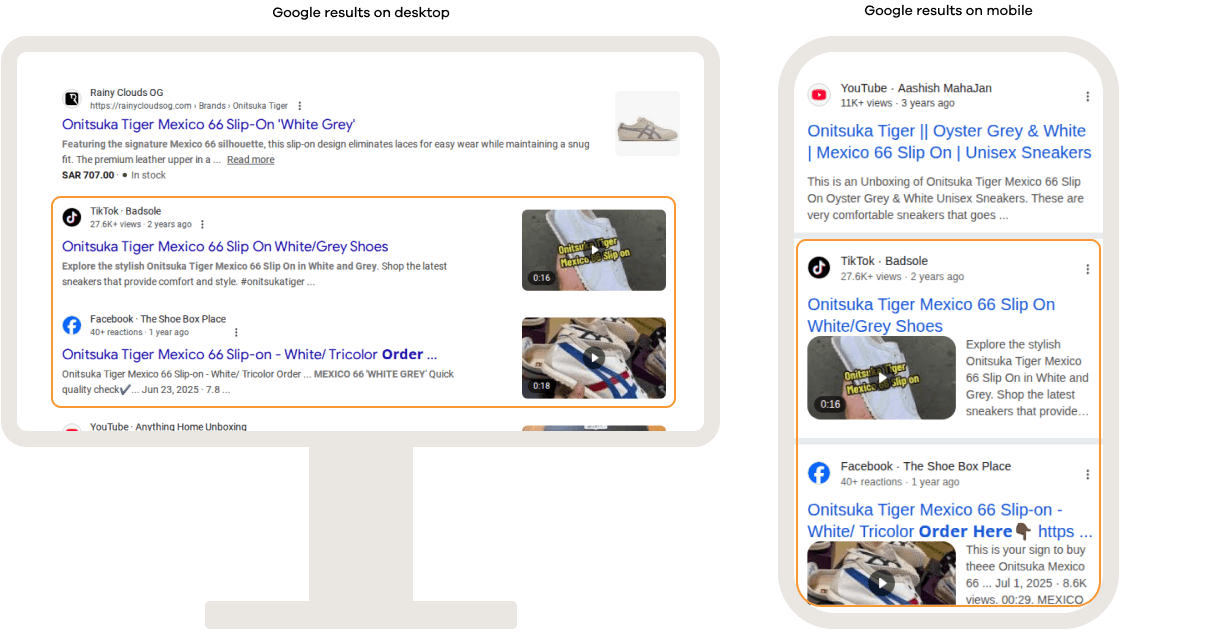 Google search results displaying embedded video results from platforms like YouTube, TikTok, and Facebook on desktop and mobile, featuring video thumbnails, titles, view counts, and publication details directly in search results.