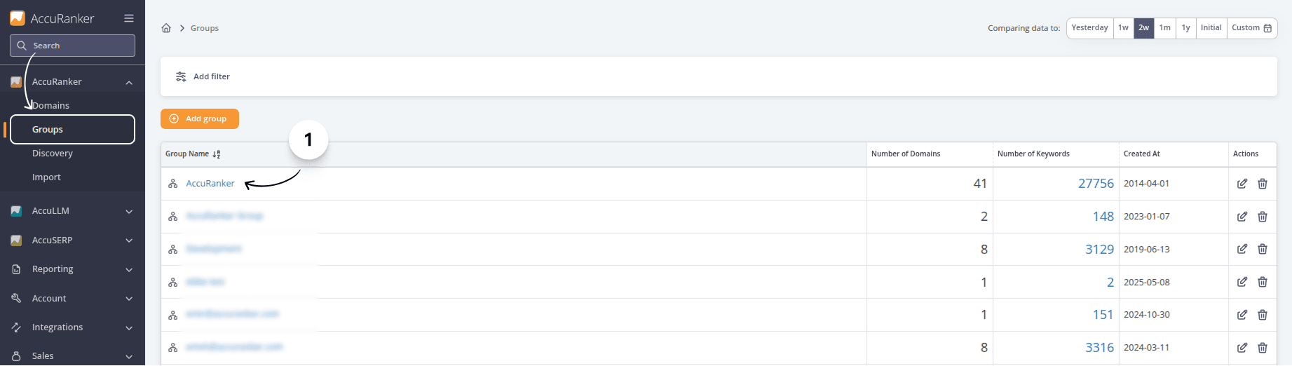Screenshot from AccuRanker App showing where to find your groups