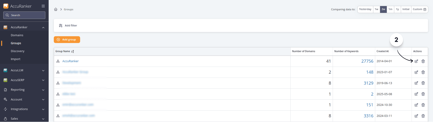 Screenshot from AccuRanker App showing where to edit your group