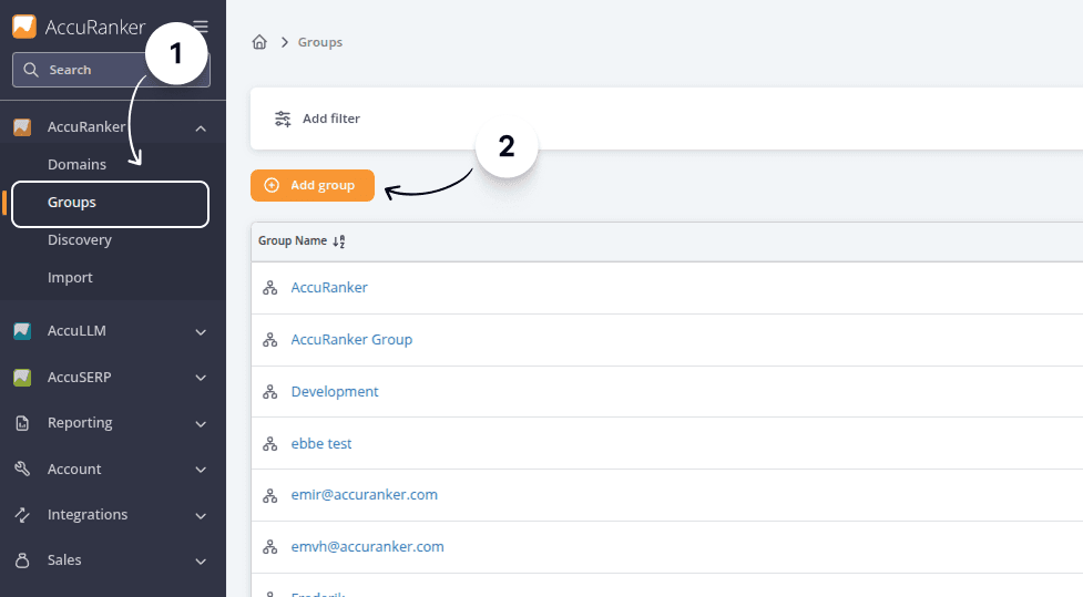 Screenshot from AccuRanker app showing how to add a group